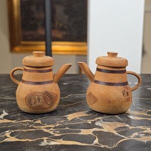 Vintage Wooden Teapot Salt & Pepper Shakers Peggy's Cove NS Souvenir Rustic Bark